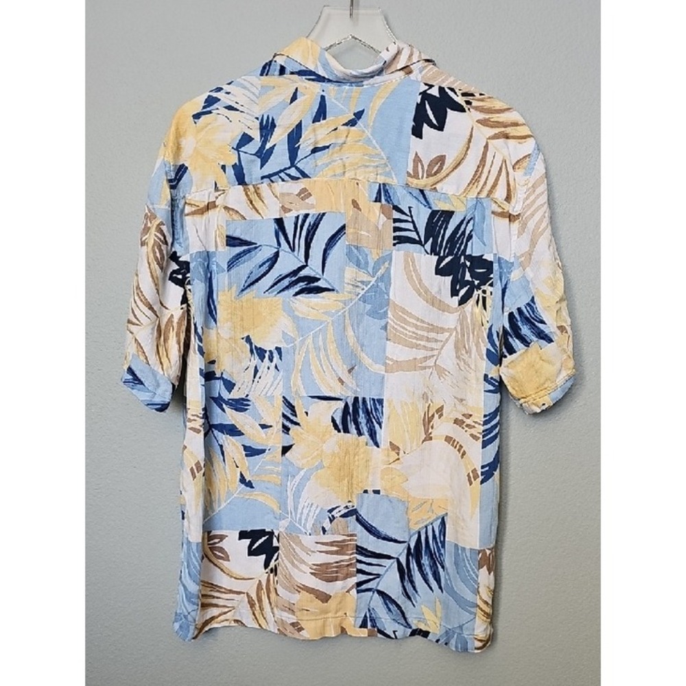 Cubavera Mens Large Tropical Leaf Patchwork Viscose Rayon Hawaiian Shirt Blue XL - Picture 7 of 7